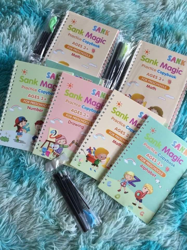 Sank Magic Practice Copybook Set – Reusable Handwriting Books for Kids (4 Books + 1 Pen + 1 Grip + 10 Refills)