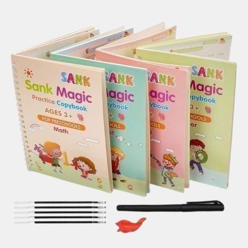 Sank Magic Practice Copybook Set – Reusable Handwriting Books for Kids (4 Books + 1 Pen + 1 Grip + 10 Refills)